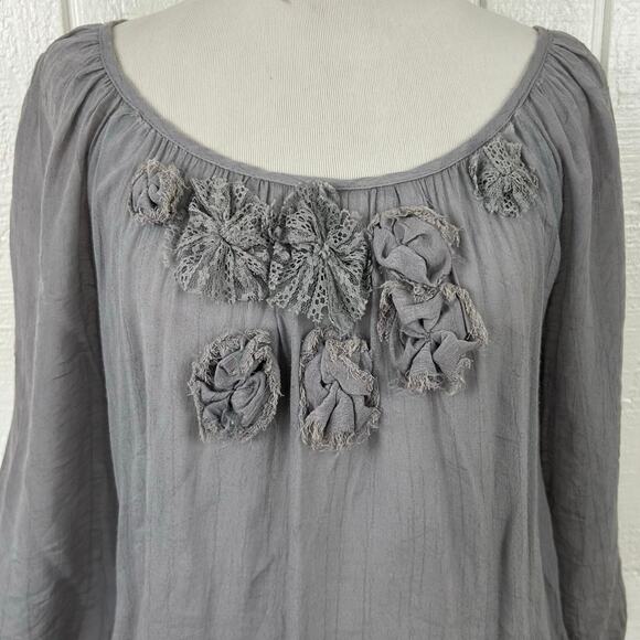 Mine Women Short Sleeve Lace Blouse Top Gray Ethereal Feminine Boho Size Large - Picture 3 of 7